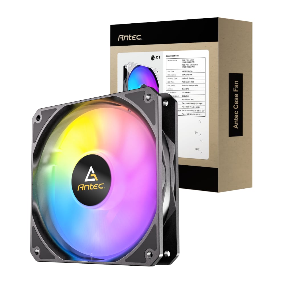 Antec P12 PWM 120mm ARGB Reverse Case Fan with colorful dynamic ARGB lighting, displayed alongside its packaging box.