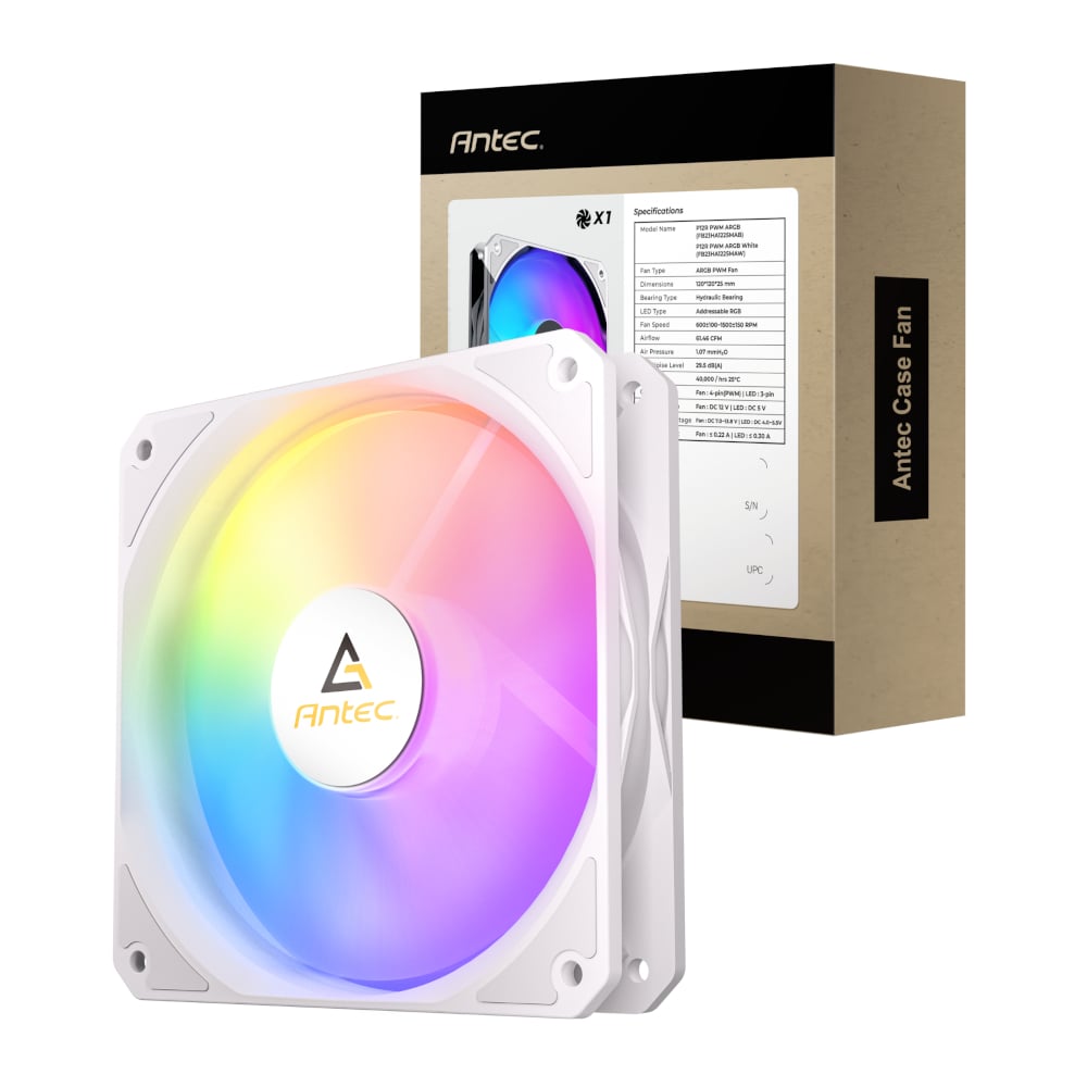 Antec RGB case fan with packaging on a white background