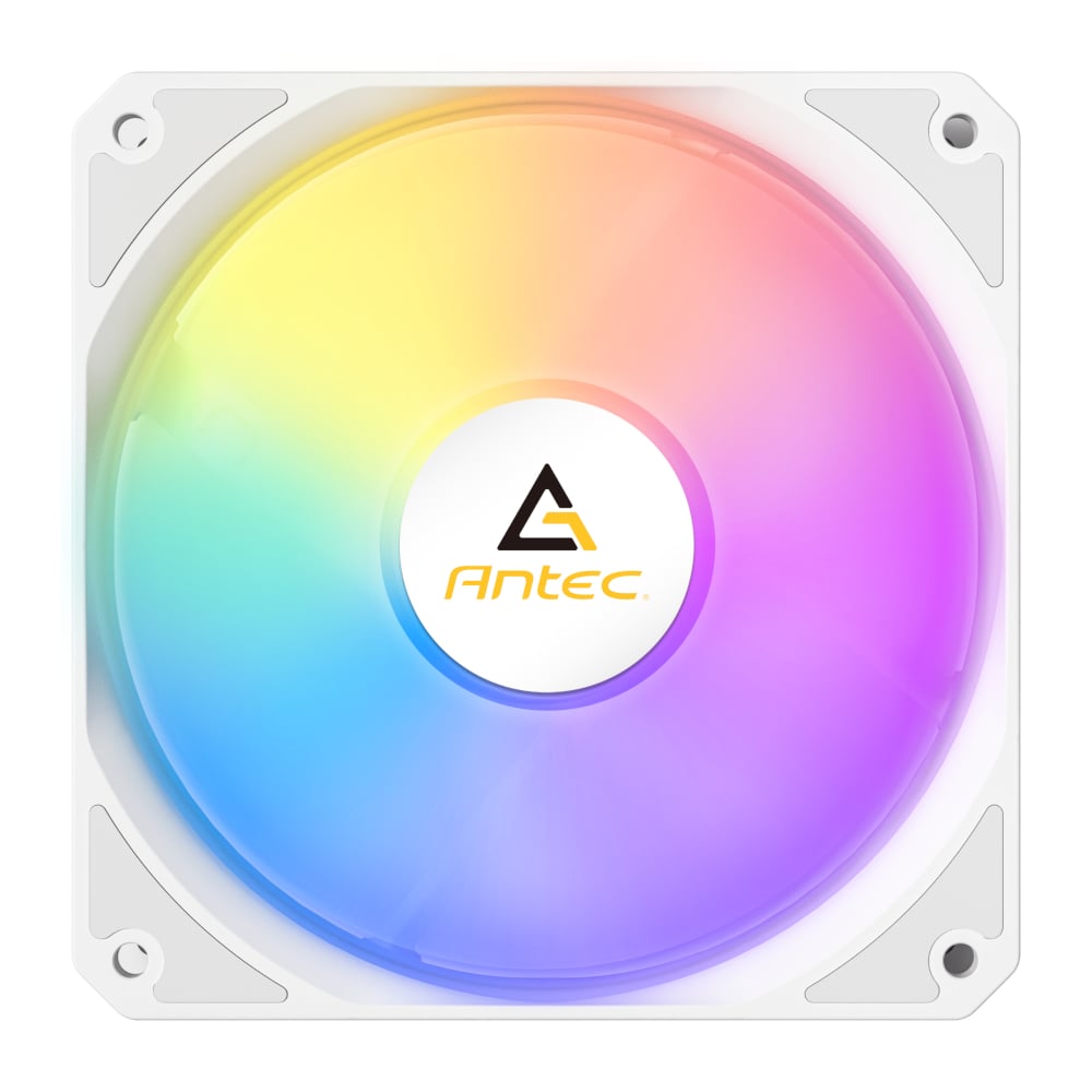 Antec RGB fan with colorful lighting on a white background