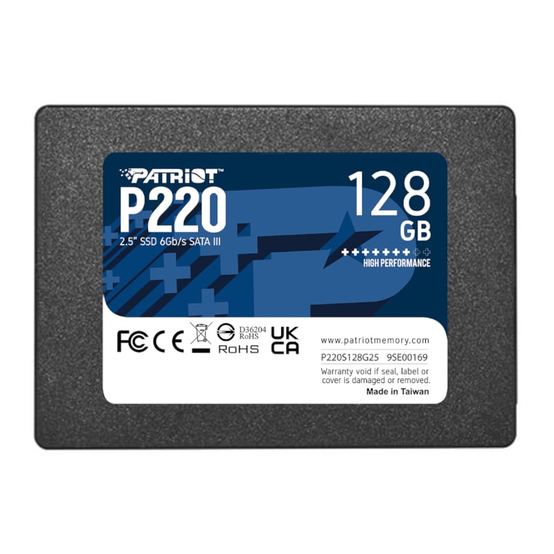 Patriot P220 2.5 inch SATA III SSD with a blue and black label, showing capacity of 128 GB and performance details.