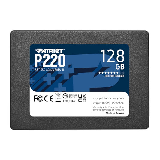 Patriot P220 2.5 inch SATA III SSD with a blue and black label, showing capacity of 128 GB and performance details.
