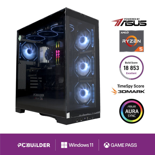 Gaming PC with ASUS, AMD, and other brand logos on a white background