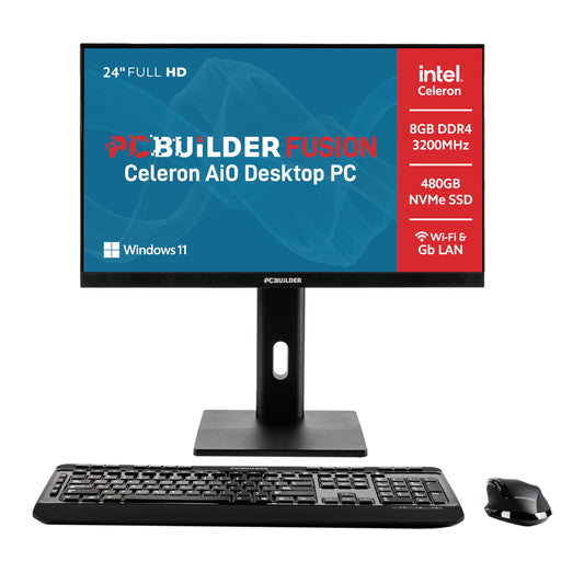 PC Builder Fusion Celeron AiO Desktop PC with monitor, keyboard, and mouse on a white background