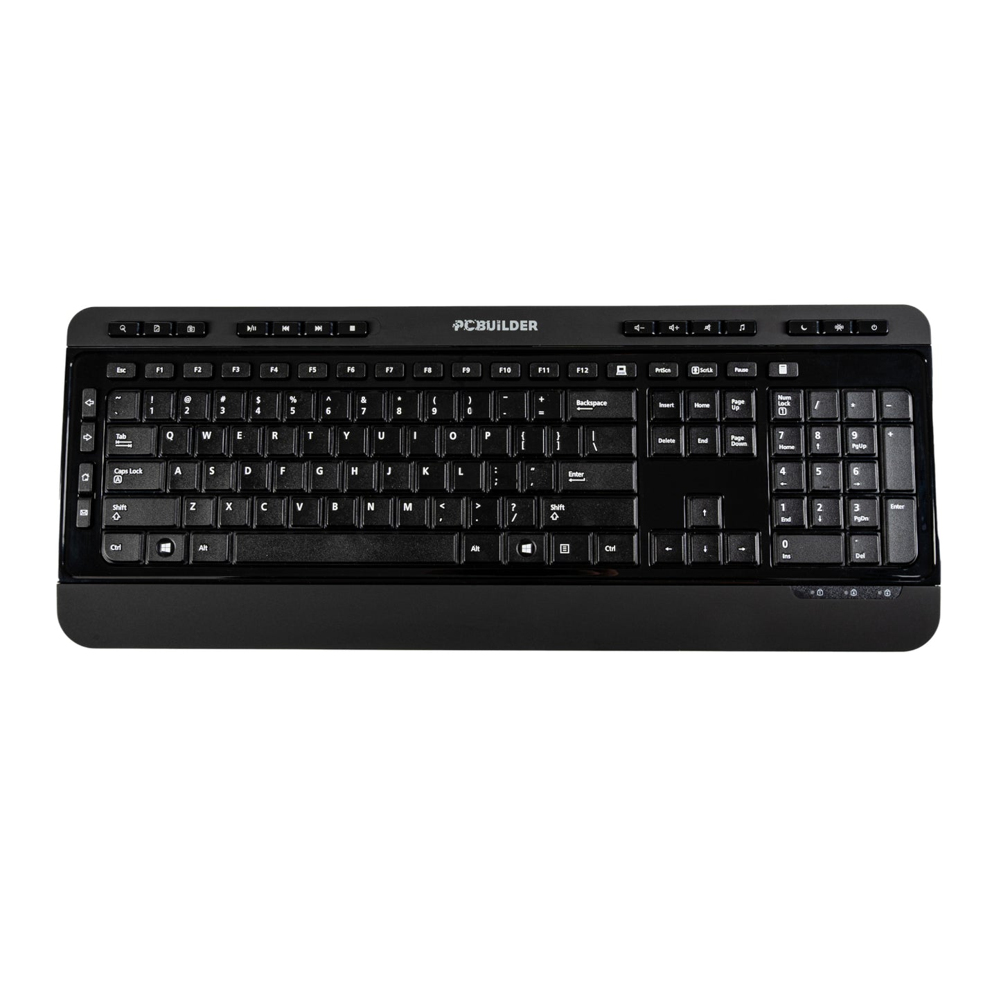 Black keyboard with 'PCBuilder' branding on a white background