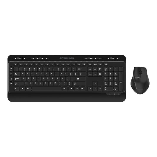 A wireless keyboard and mouse combo, with the keyboard on the left and the mouse on the right, both in black color.