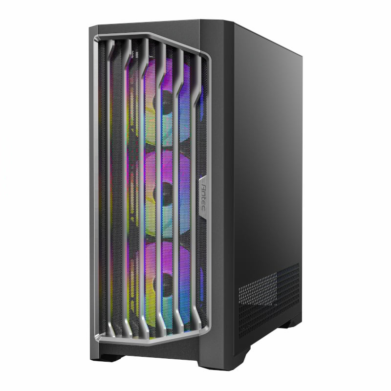 Computer case with colorful side panel on a white background
