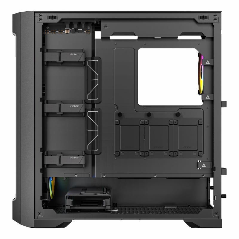 Black computer case with open side panel on a white background