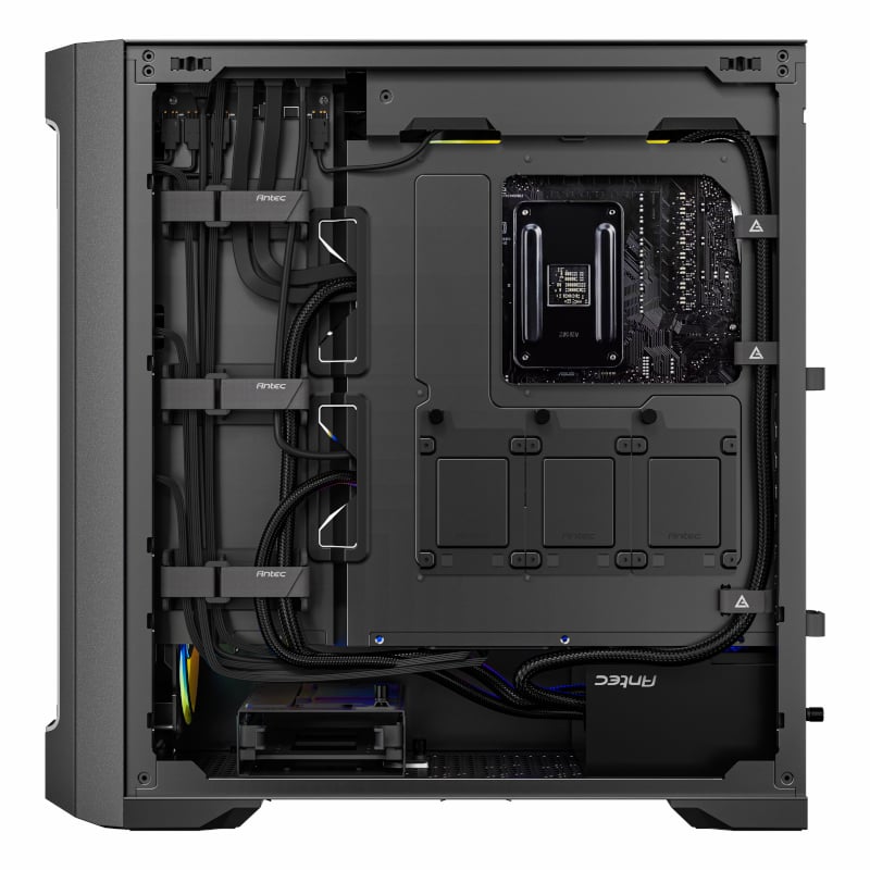 Back view of a computer case with internal components