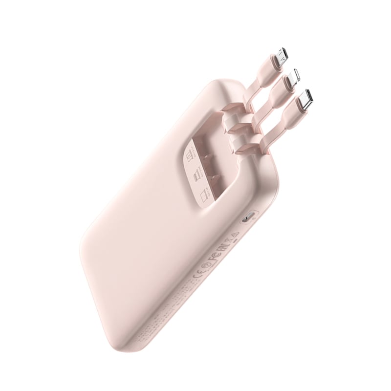 Pink power bank with multiple charging cables on a white background