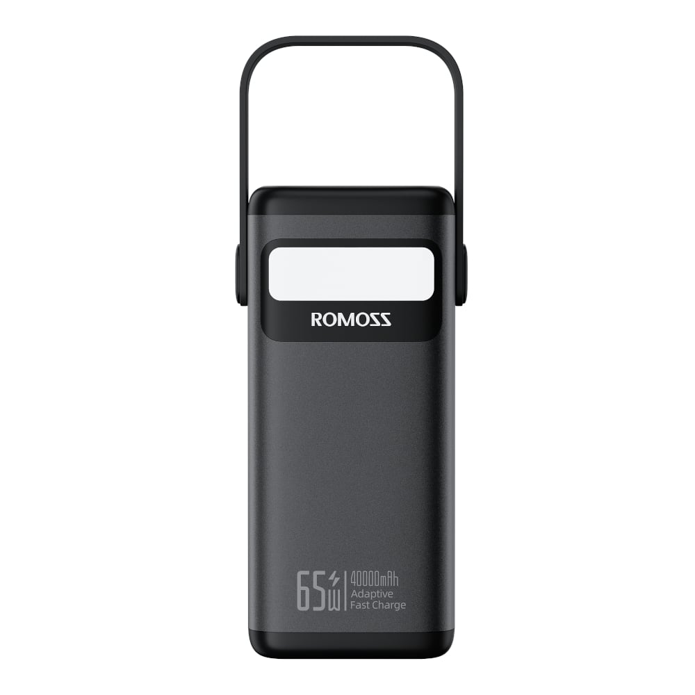 Black power bank with 'ROMOSS' branding on a white background