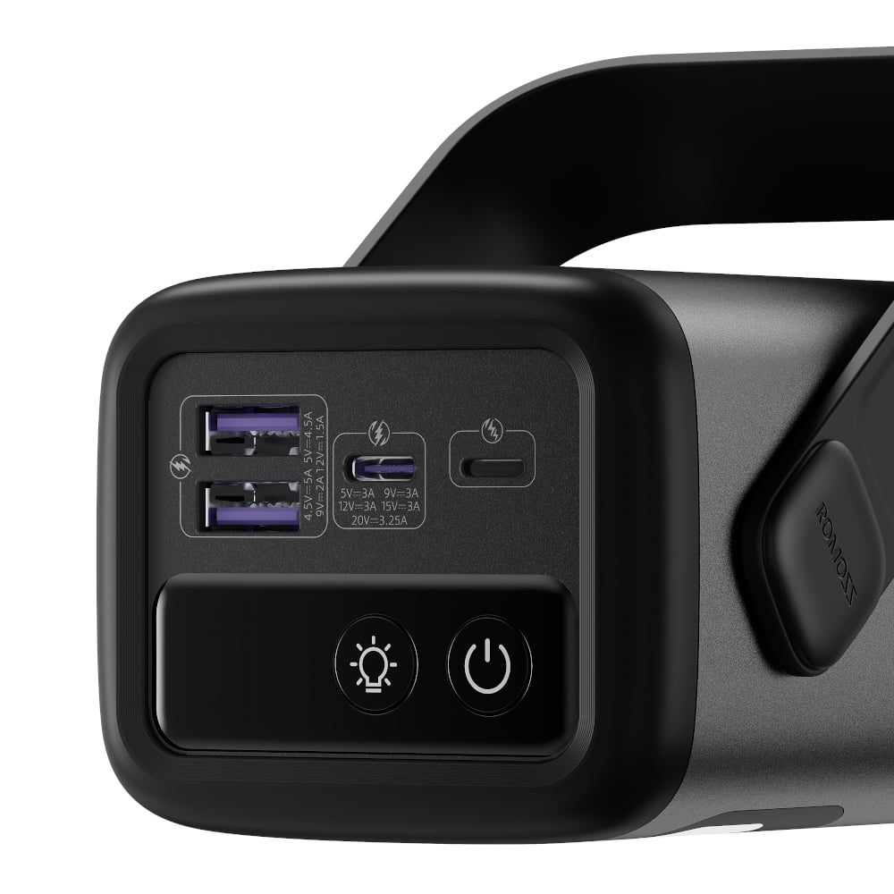 Close-up of a black power bank with USB ports and power button on a white background