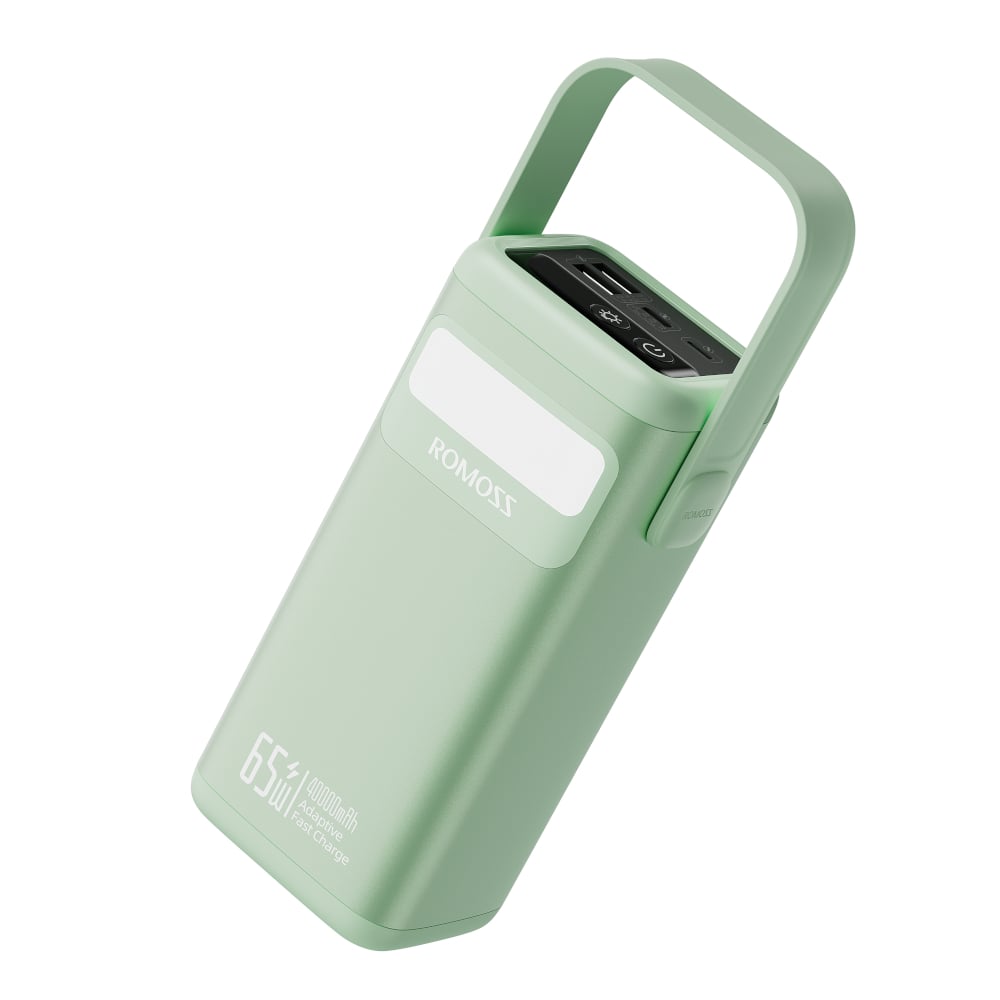 Green power bank with a handle on a white background