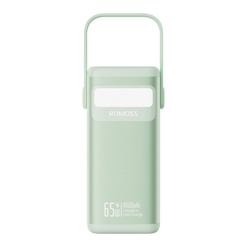 Green power bank with 'ROMOSS' branding on a white background
