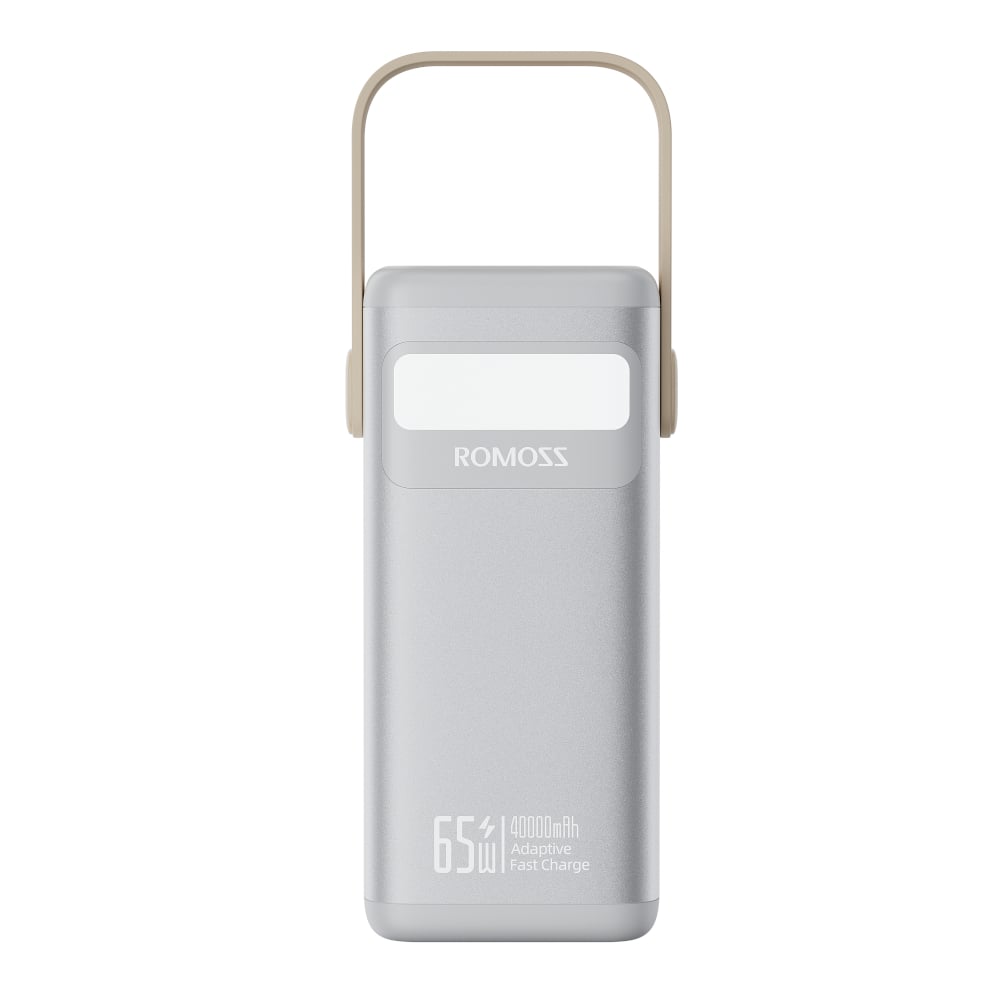 Silver power bank with 'ROMOSS' branding on a white background