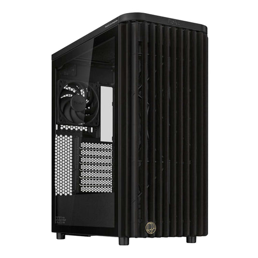 Black computer case with a visible brand logo on a white background