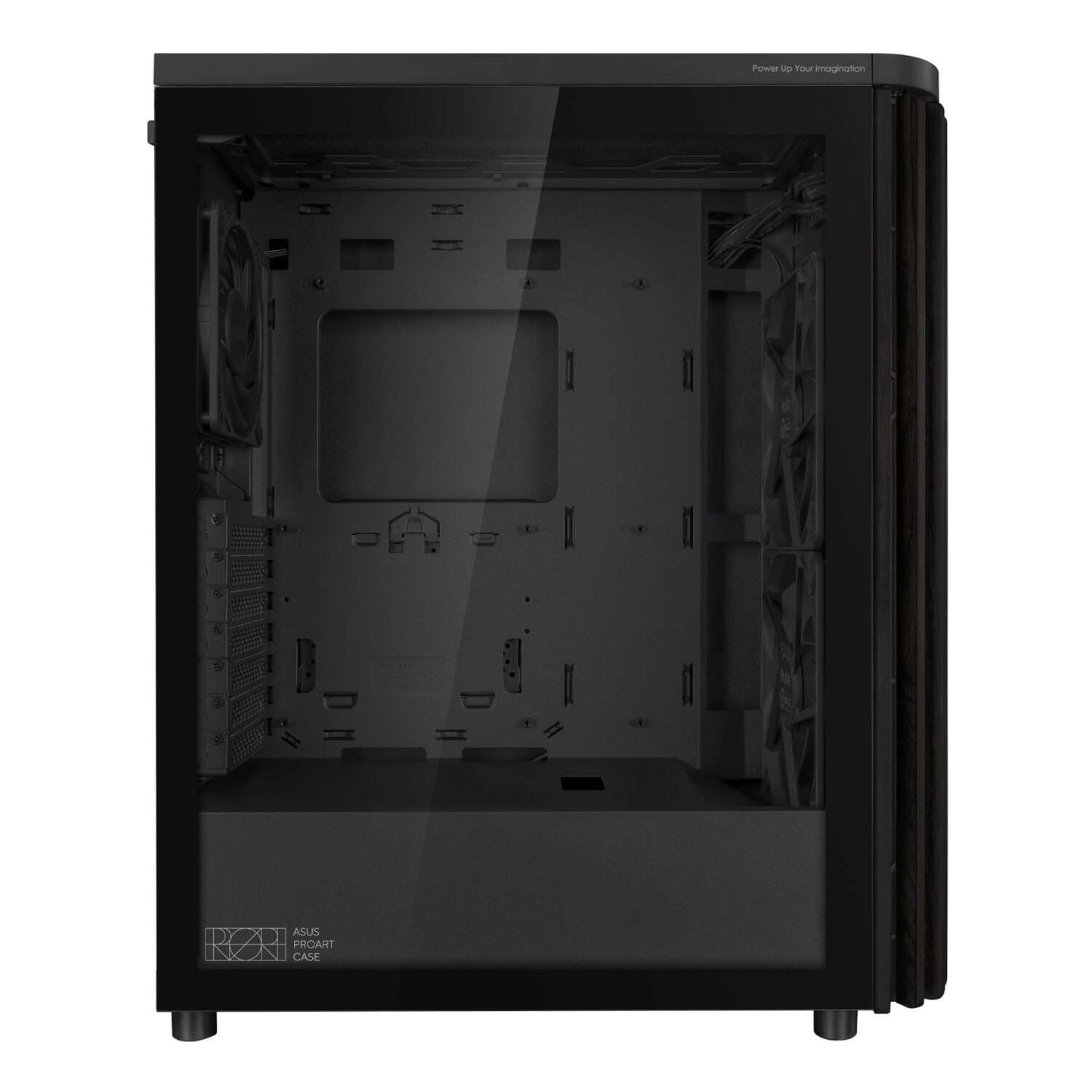 Black computer case with clear side panel on a white background