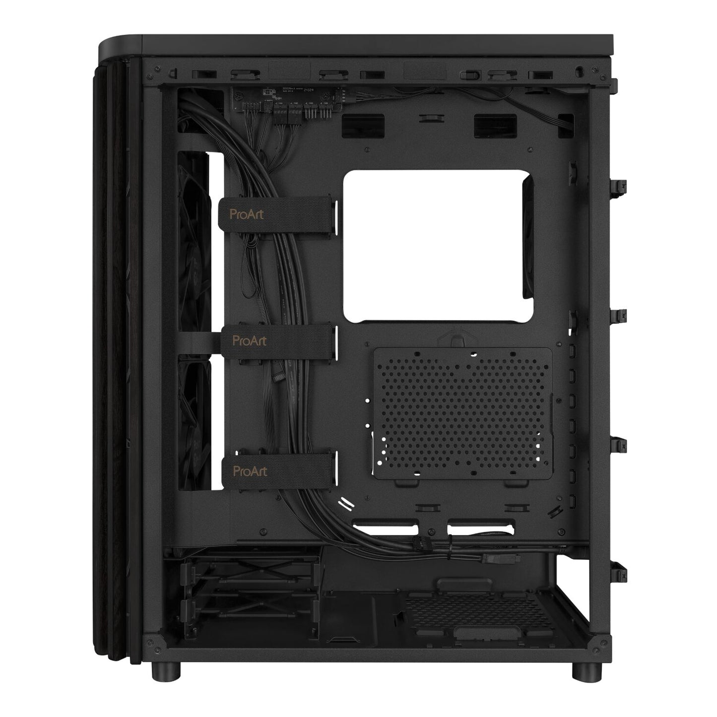 Black computer case with visible branding on a white background