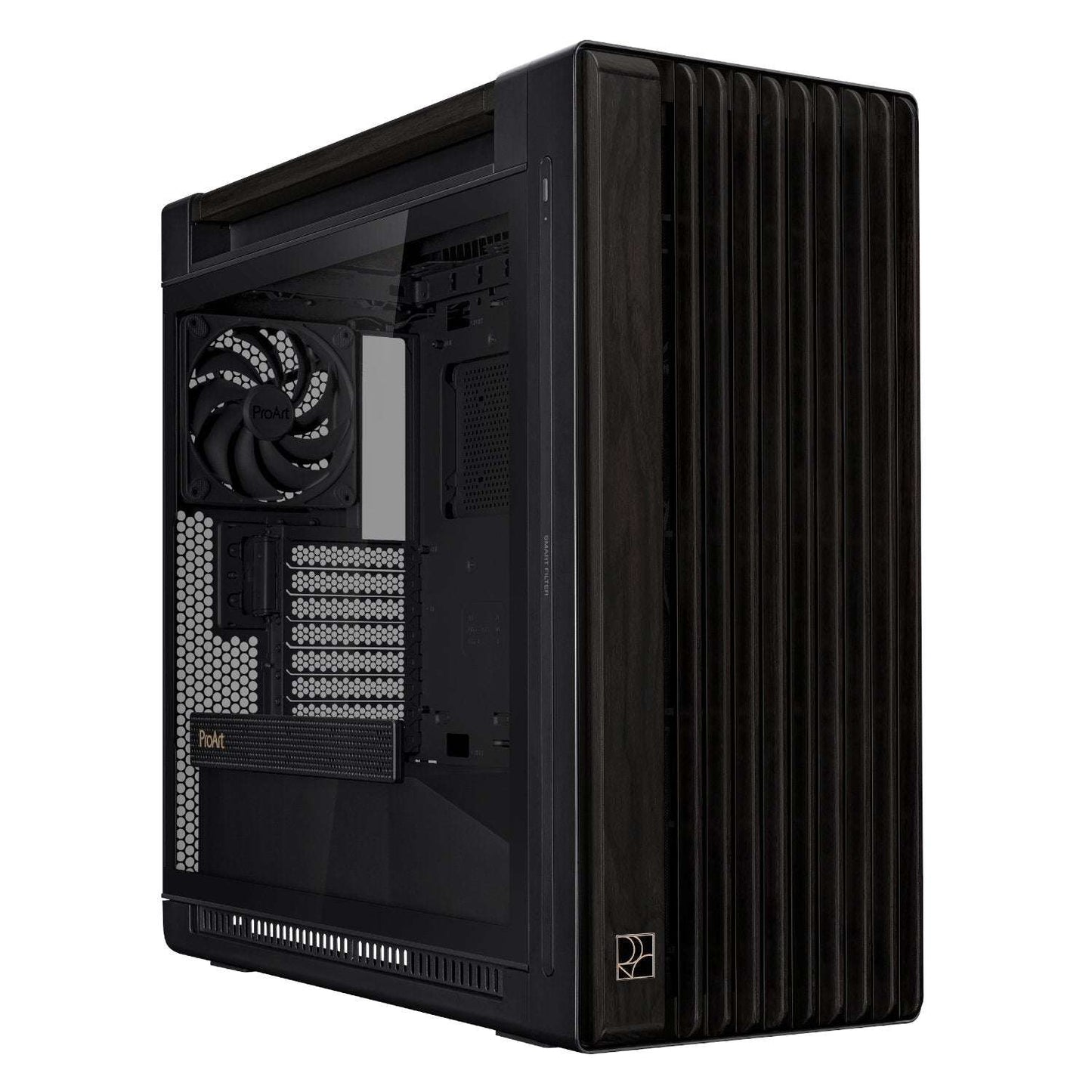 Black computer case with visible cooling system on a white background