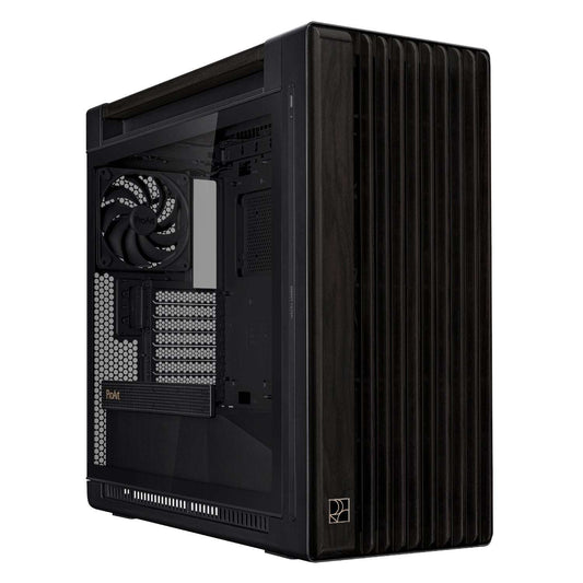 Black computer case with visible cooling system on a white background