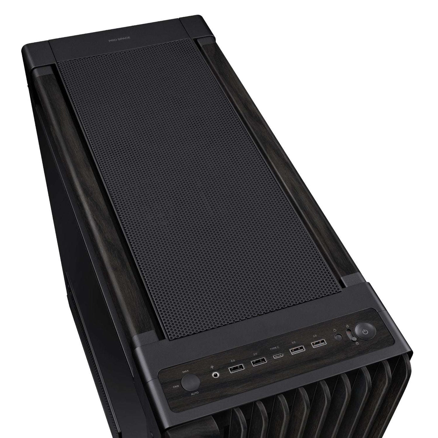 Black computer case with mesh design on a white background