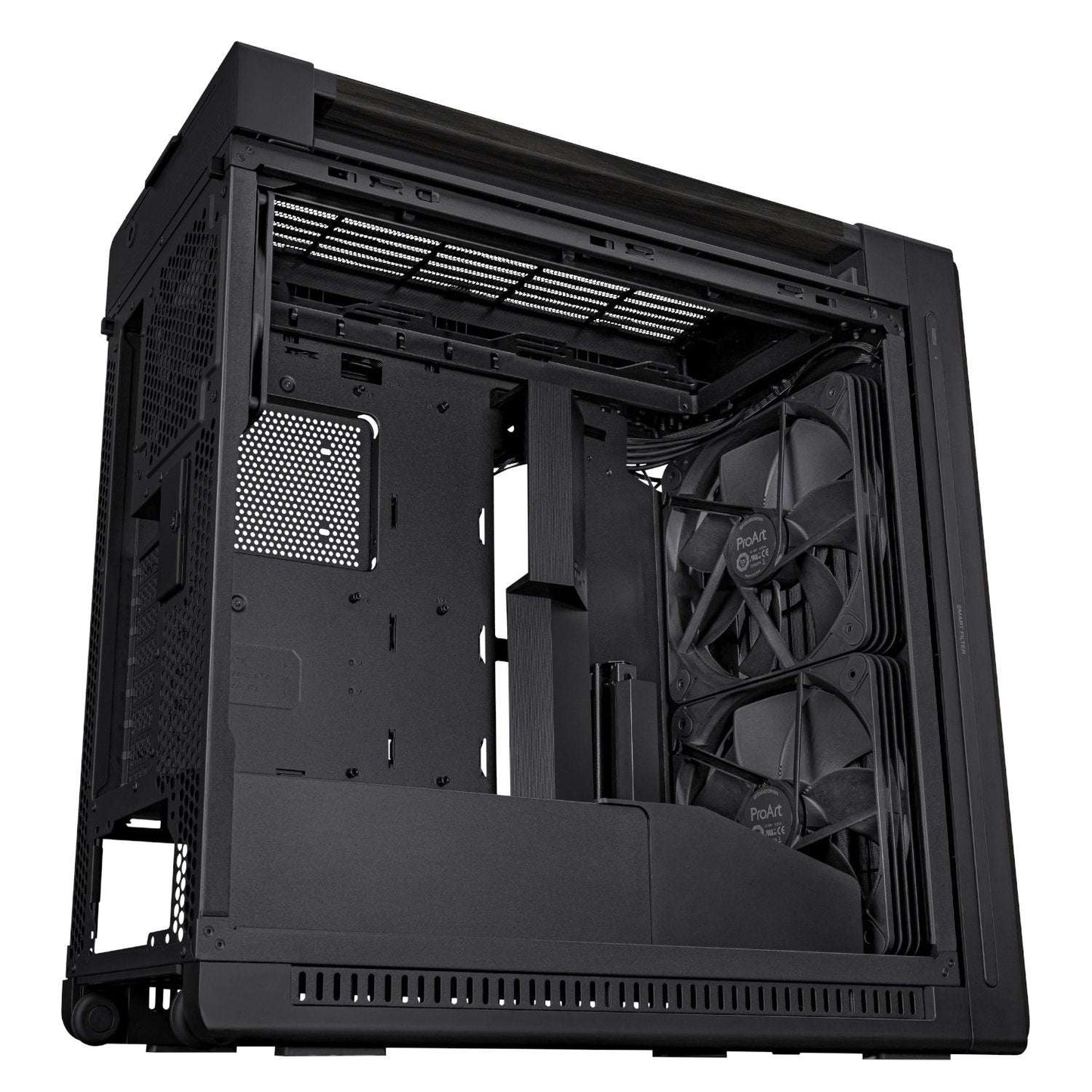 Black computer case with a visible fan on a white background