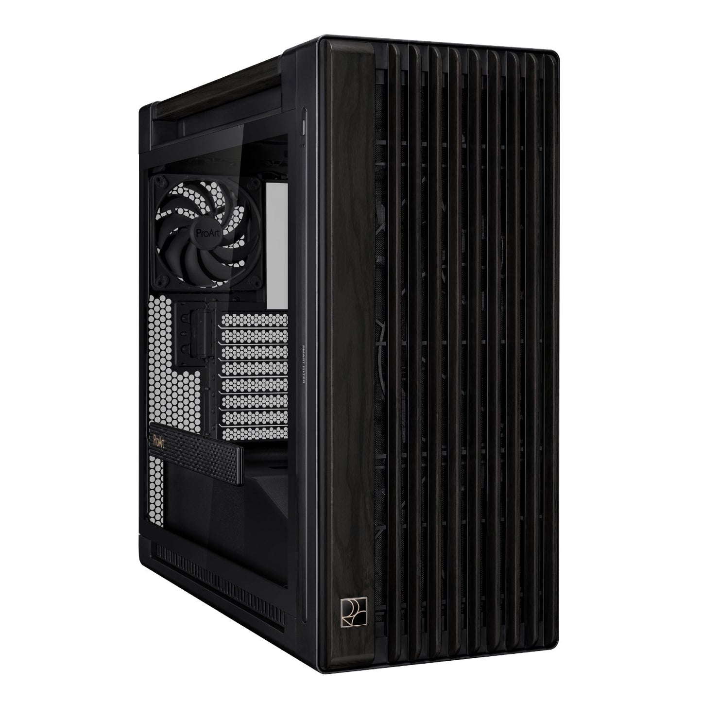 Black computer case with a visible brand logo on a white background