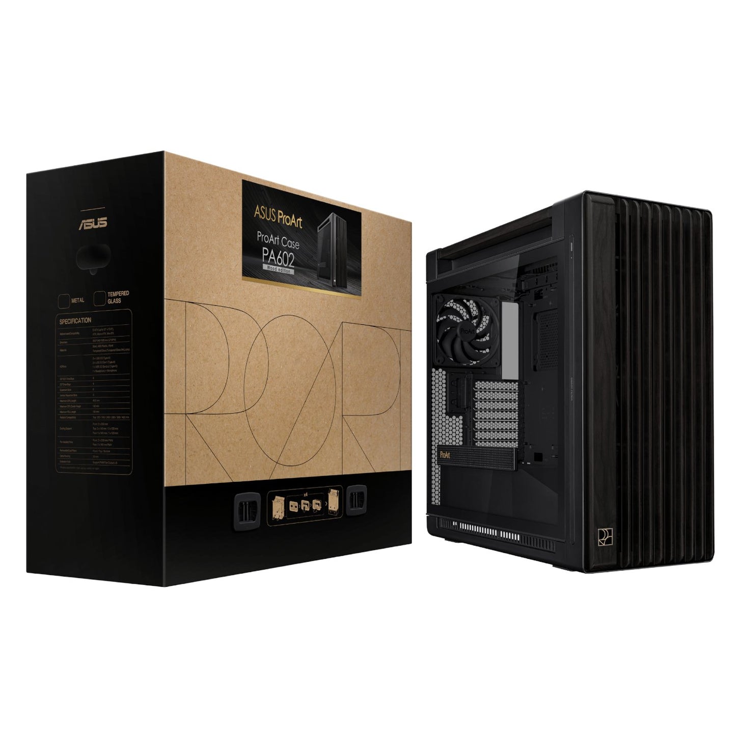 Black computer case and its packaging on a white background