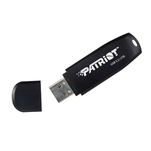 A black Patriot Xporter Core USB 3.2 Type-A Flash Drive with the cap removed, showcasing the USB connector.