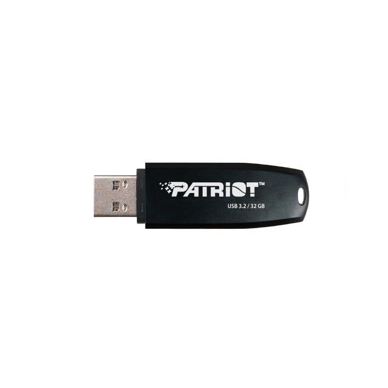 Black USB flash drive with Patriot logo on a white background