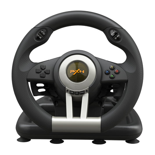 Black gaming steering wheel with PXN logo on a white background