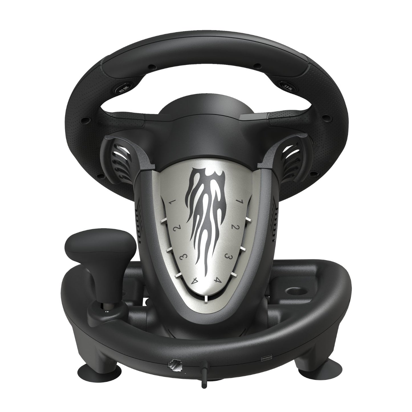 Black steering wheel with a silver center on a white background
