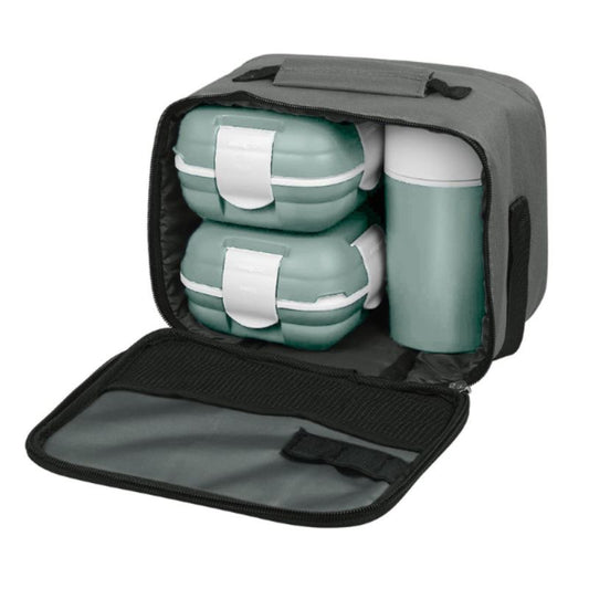 A lunch kit consisting of two stainless steel containers and an insulated bottle, all in a matching green color, with a vacuum release knob on the lid of each container.