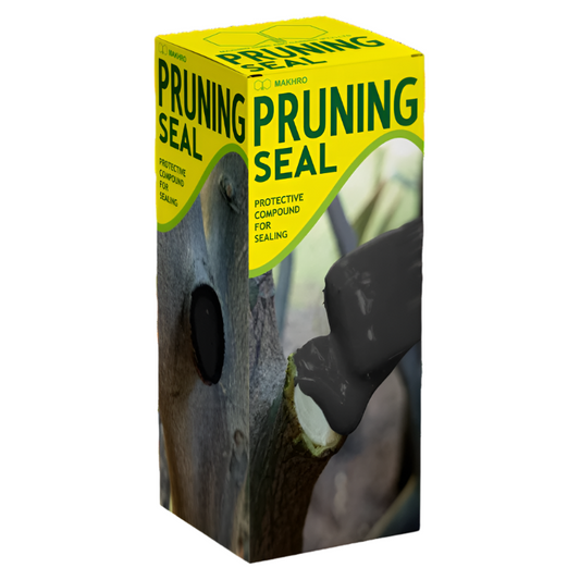 A yellow package of Makhro Pruning Seal with an image of a plant pruning wound on the front.