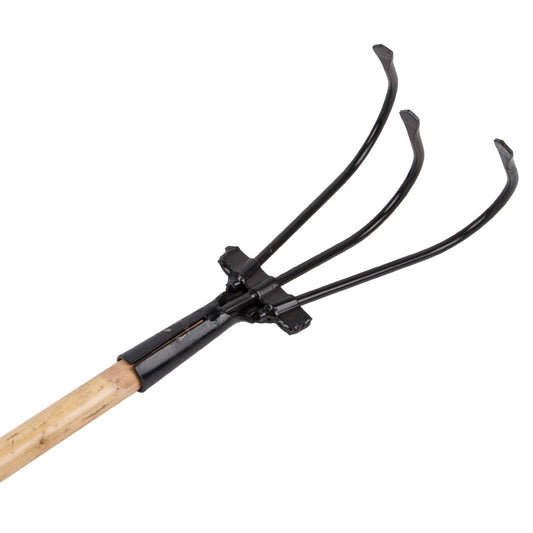 Garden cultivator with wooden handle on a white background