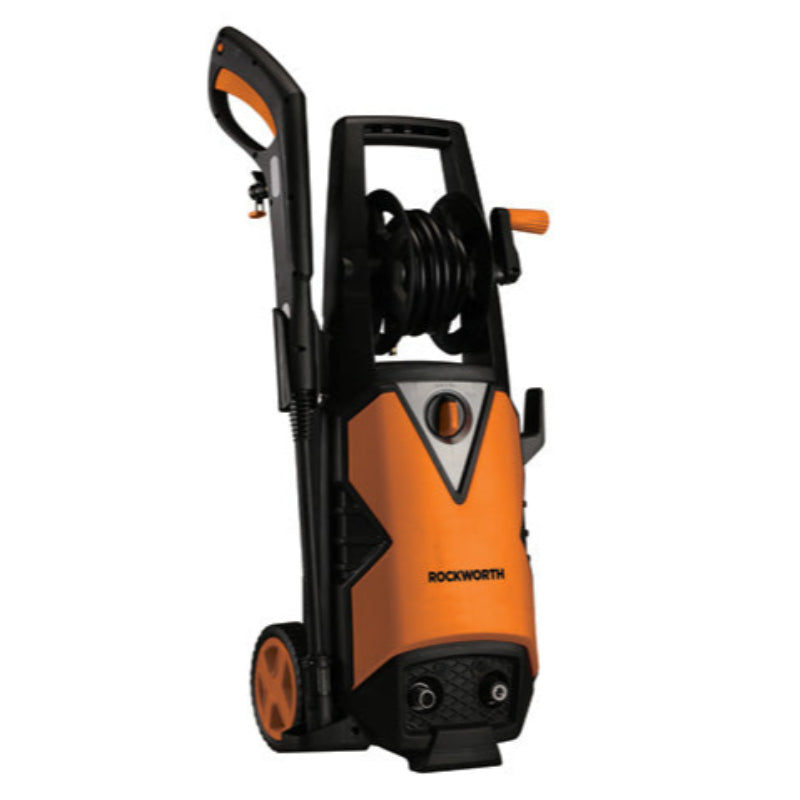 Orange and black pressure washer with a hose reel on a white background
