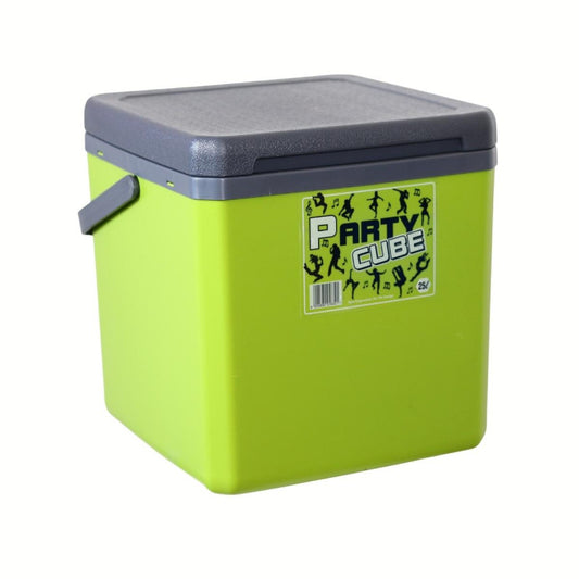 A vibrant lime green Party Cube 25L cooler box with a flip hinged lid and easy-to-carry handle.