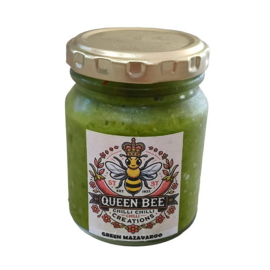 A jar of Queen Bee Chilli Creations Green Mazavaroo hot sauce with a label featuring a bee and floral elements.