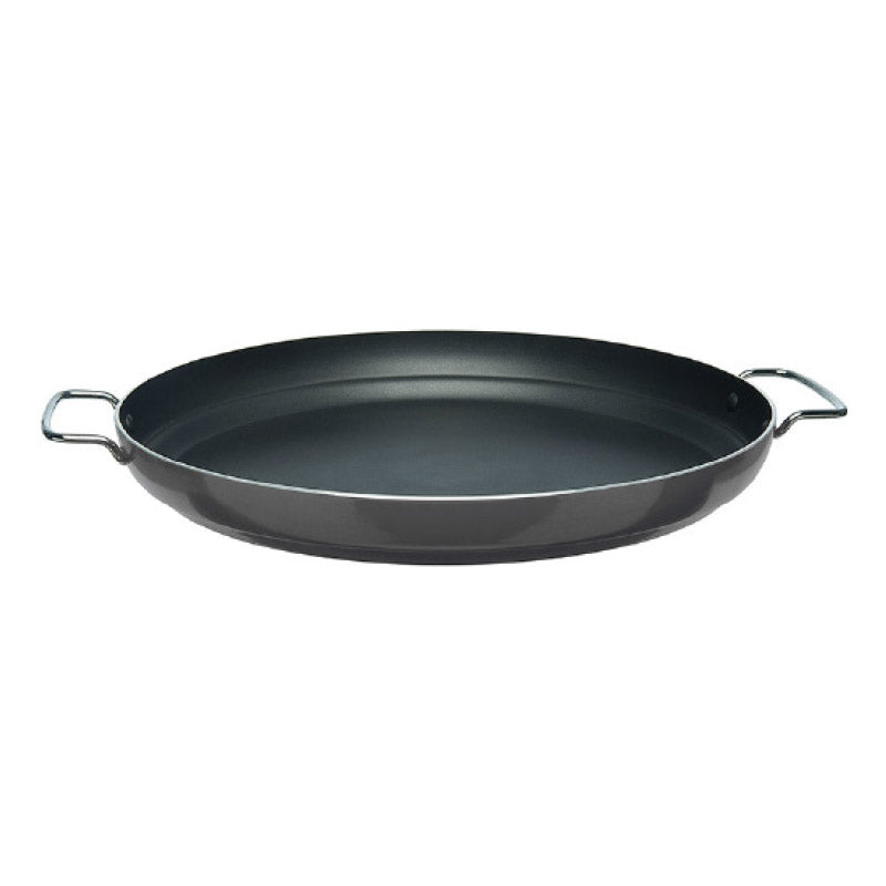 A round, lightweight but thick aluminium non-stick coated paella pan with stainless steel handles.