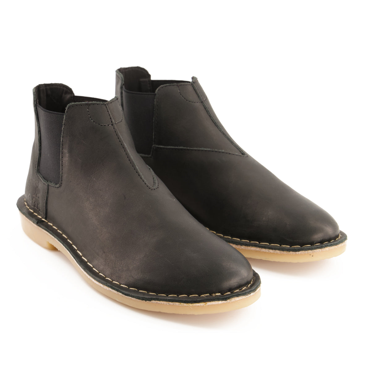 A pair of black, round-toed, pull-up leather boots with a rubber outsole.