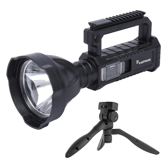 A black Kaufmann 1200 Lumen Portable LED Spotlight with a tripod.