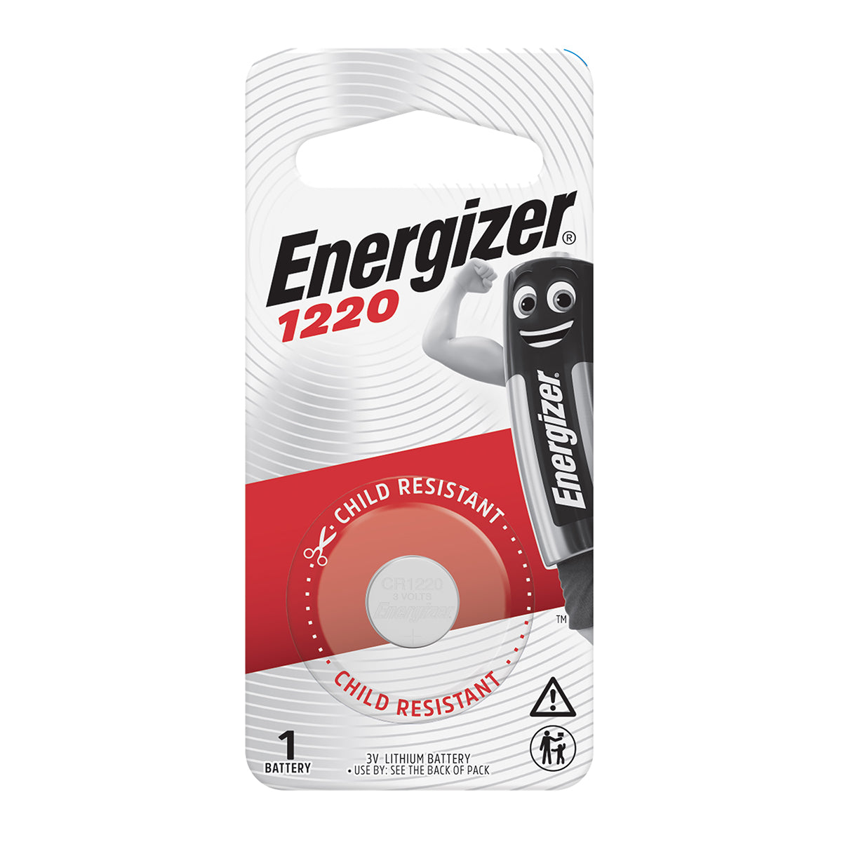 Energizer 1220 button battery packaging with a 'Child Resistant' label and a cartoon character on the front.