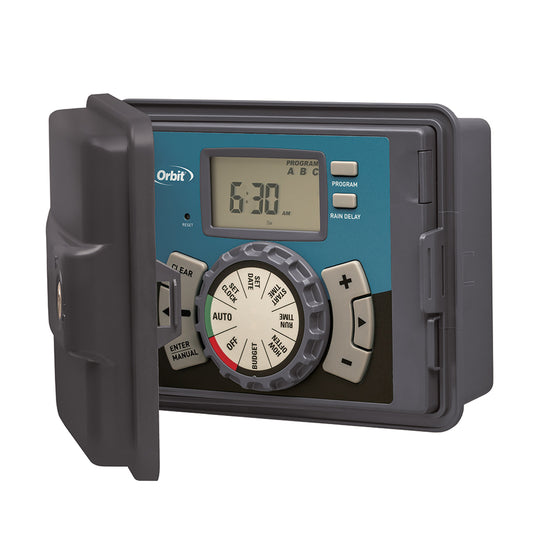 An image of the Orbit Easy Set Logic Sprinkler Controller 12 Station with a large dial and digital display.