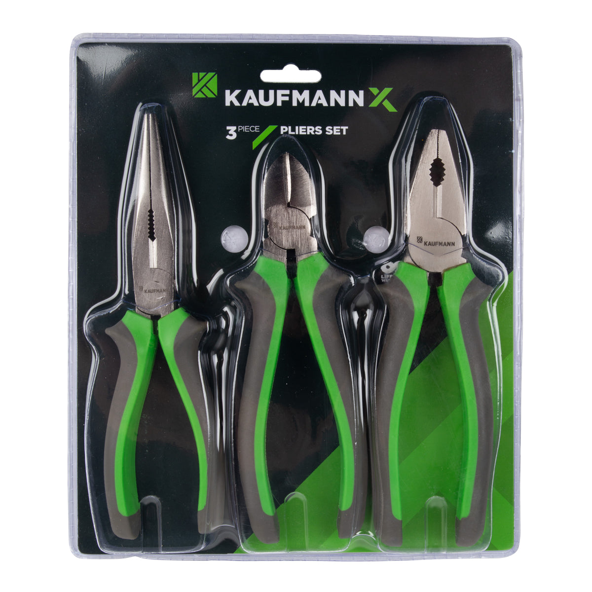 Kaufmann X branded 3-piece pliers set with green handles and silver-colored heads, displayed in a clear plastic packaging.