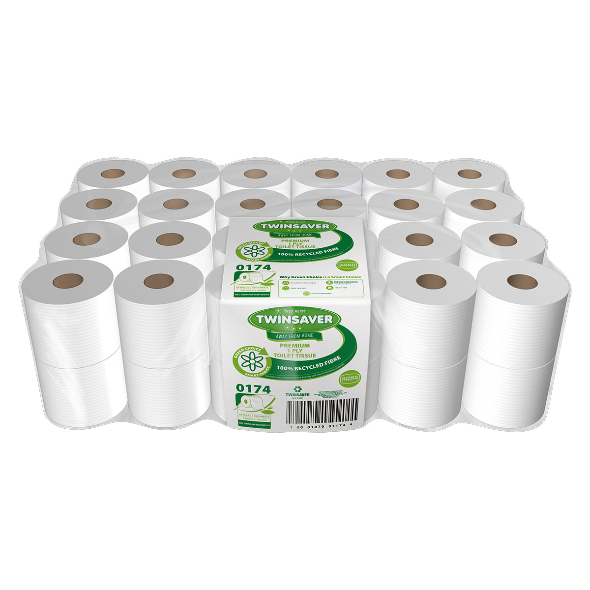 Pack of Twinsaver Premium Toilet Paper with 48 rolls. The rolls are white and the packaging has green and red accents with the brand name and product details.