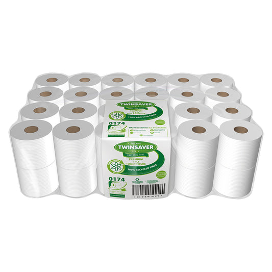 Pack of Twinsaver Premium Toilet Paper with 48 rolls. The rolls are white and the packaging has green and red accents with the brand name and product details.
