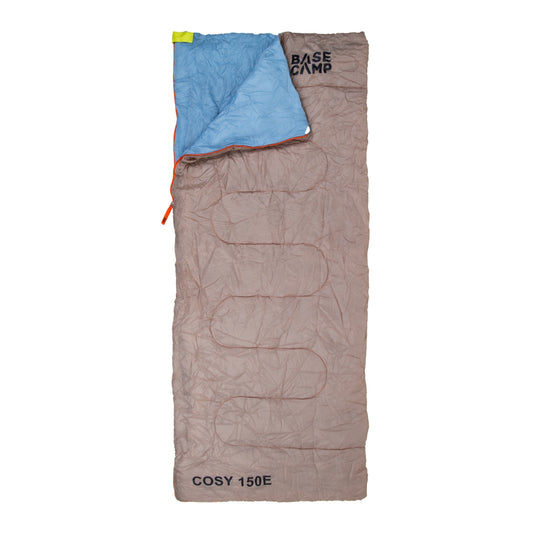 Brown and blue sleeping bag with 'Base Camp' branding on a white background
