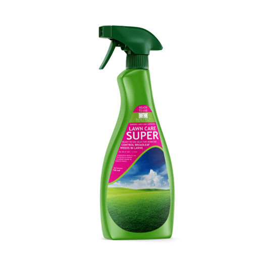 Green spray bottle labeled 'Lawn Care Super' on a white background