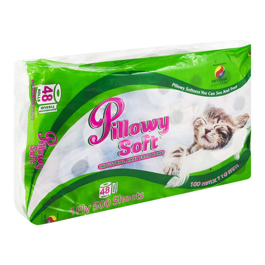 Packaging of Pillowy Soft 1-ply toilet paper with 48 rolls, featuring an image of a cat and details about the product.