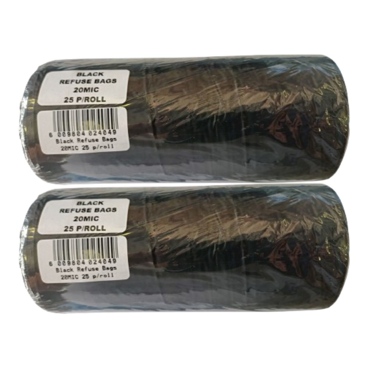 Two rolls of black garbage bags, each labeled as containing 25 bags per roll.
