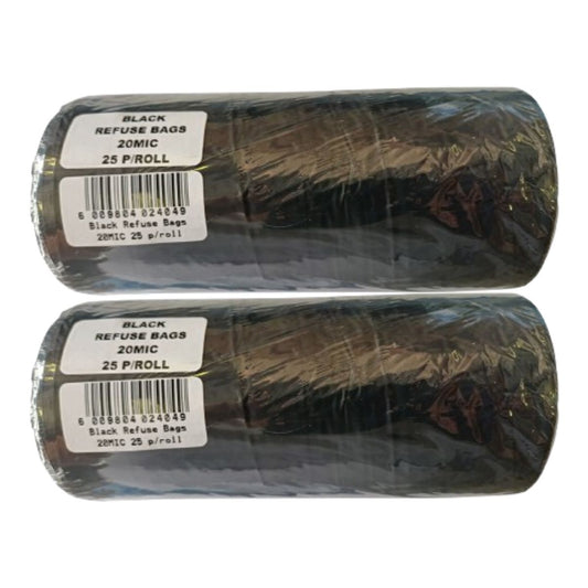 Two rolls of black garbage bags, each labeled as containing 25 bags per roll.